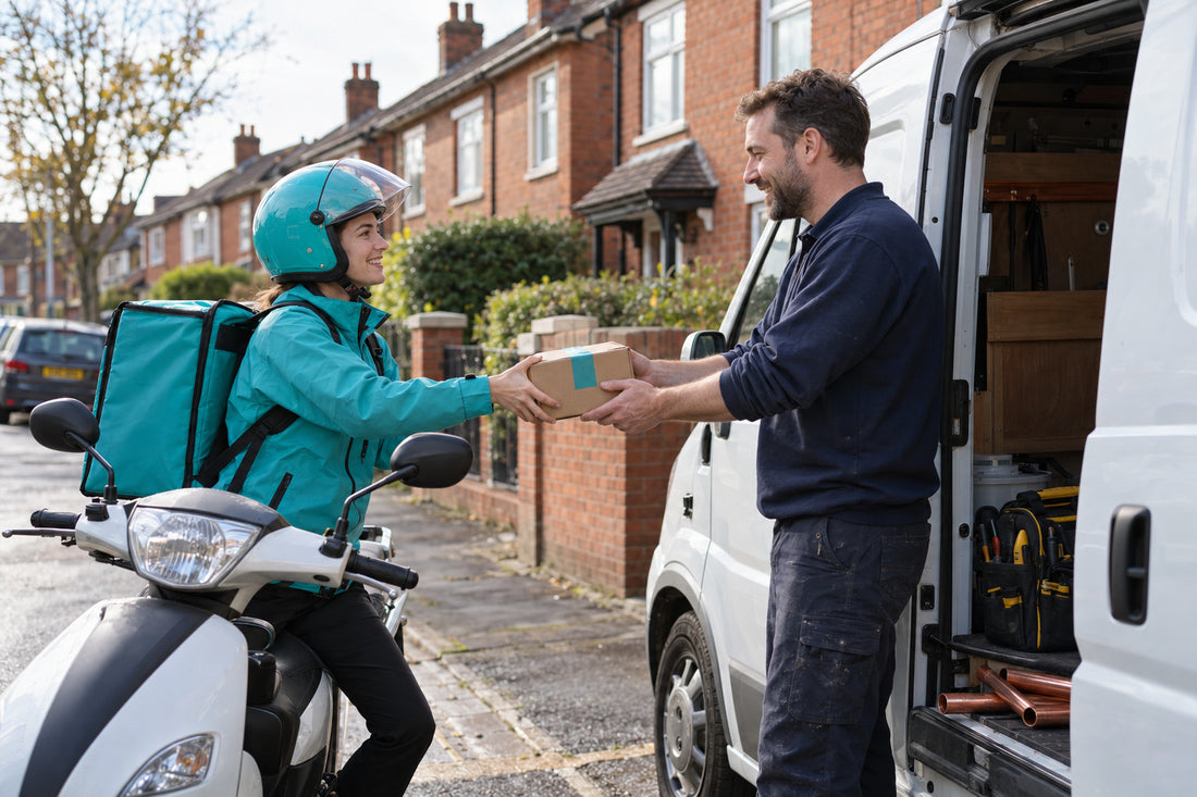 Courier handing plumbing parts to a plumber at a van